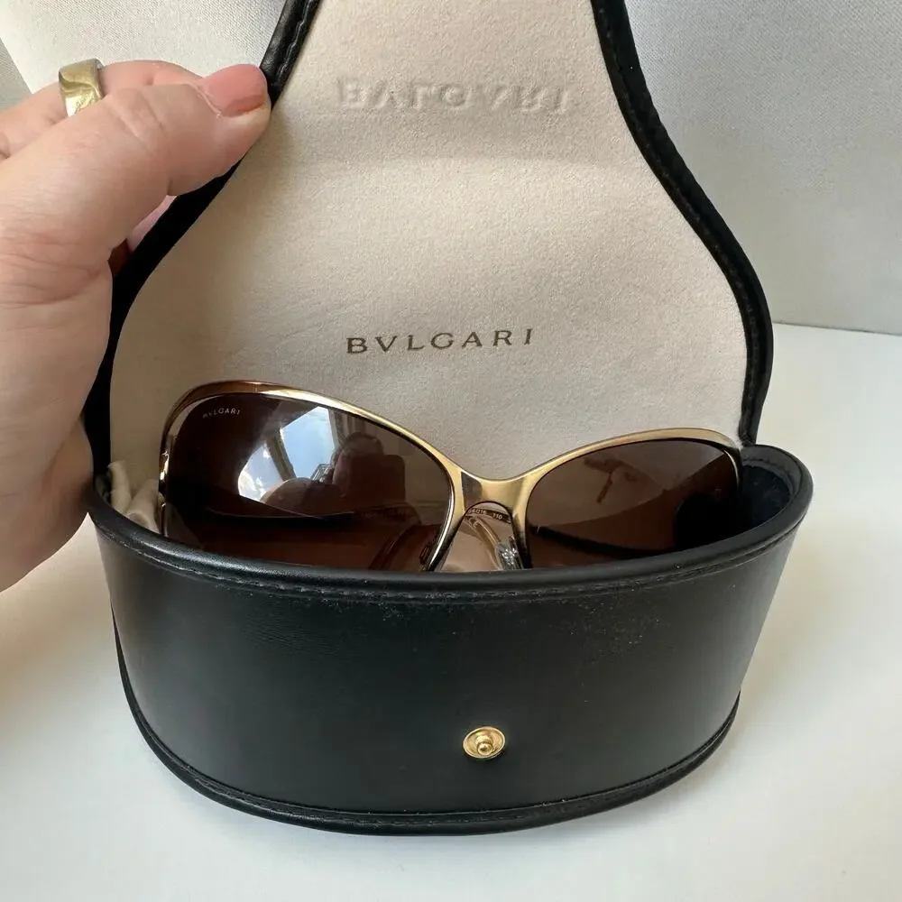 Bvlgari 6026 Oversized Sunglasses Gold Brown Gradient Logo Temple w/ Case